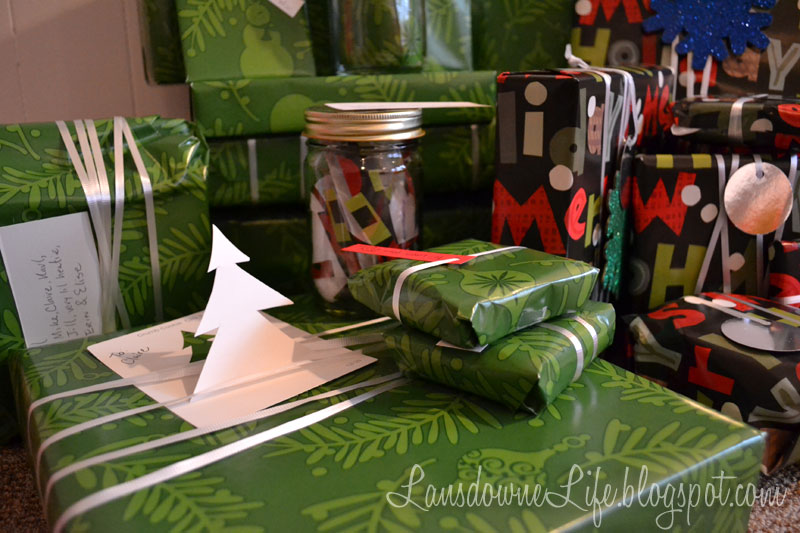 Gift wrapping ideas + pop up paint chip tags