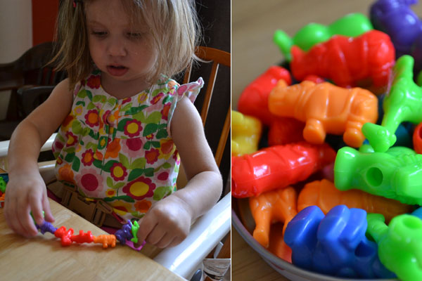 Stringing beads on pipe cleaners