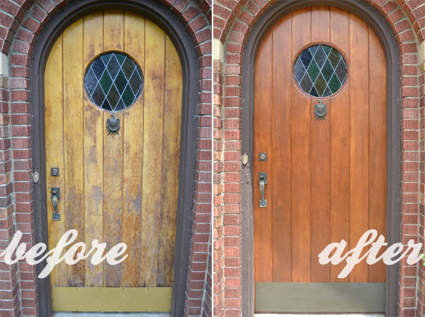 Refinishing an old wood front door, before and after