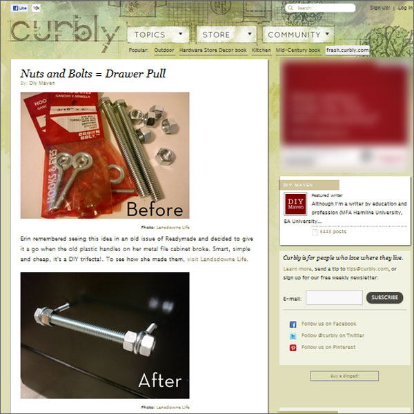 My nuts and bolts drawer pulls were featured on Curbly.