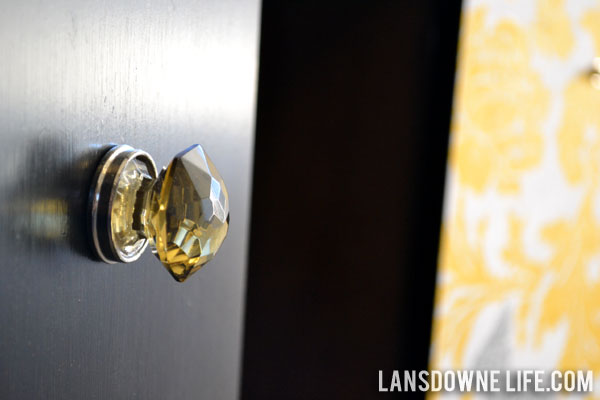 Repainted record cabinet with yellow glass knobs