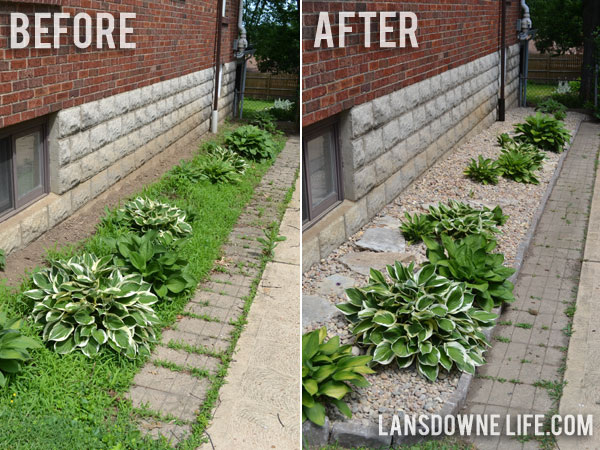 Landscaping bed with hostas and river rock, before and after