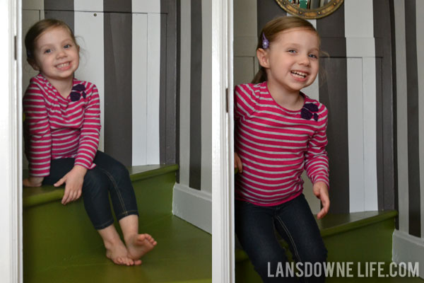 Stairway makeover reveal with green painted stairs and black and white wall stripes