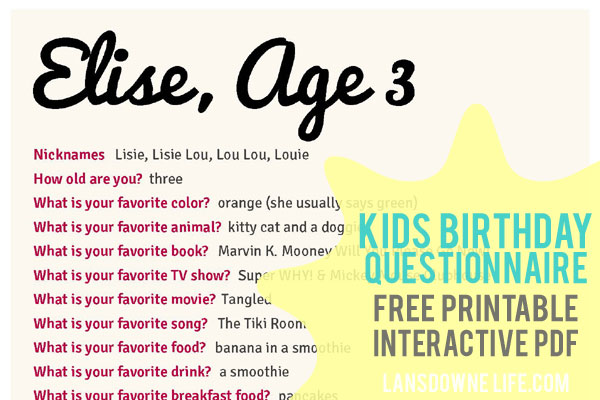 Kids birthday interview questionnaire: FREE printable form!