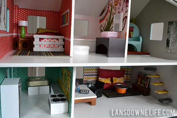 Modern DIY dollhouse makeover with handmade furniture made from recycled items