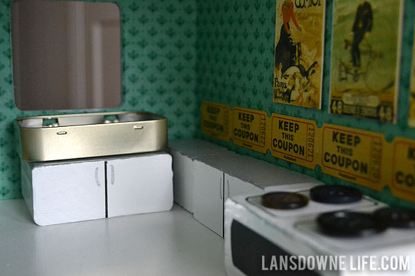 DIY Dollhouse kitchen with handmade sink, cabinets, appliances