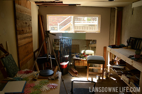 Messy basement workspace