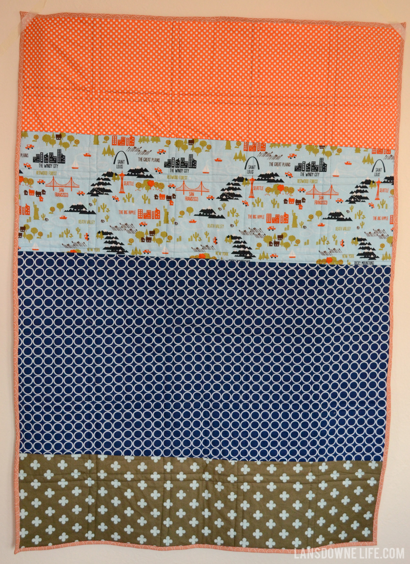 Modern quilt back in orange and navy blue