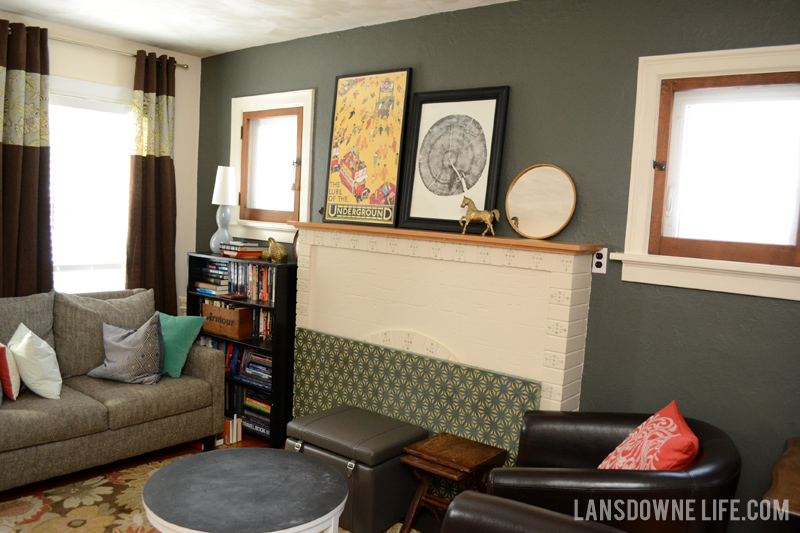 Living room with greenish gray walls